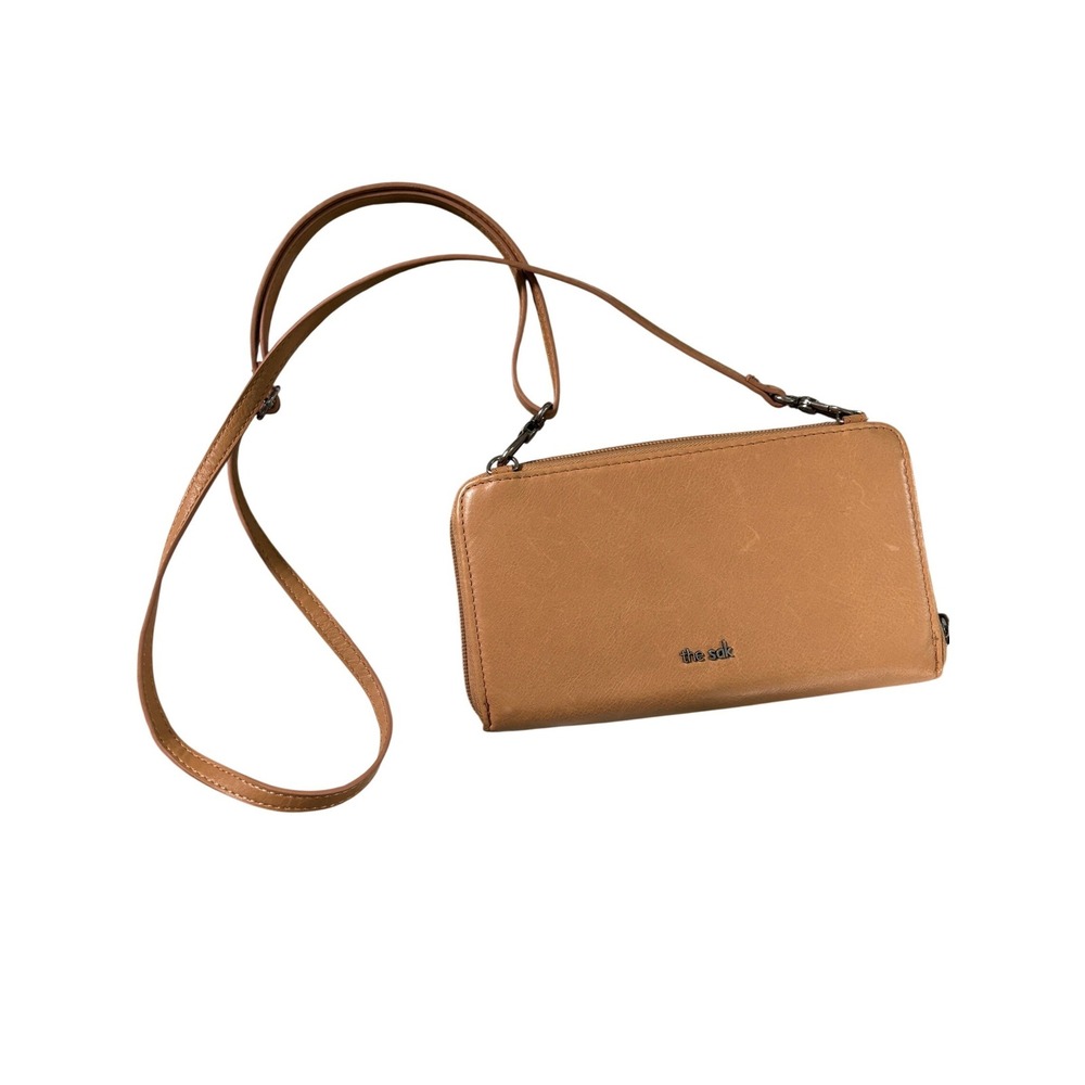 The Sak Tan Leather Embossed Floral Crossbody Wallet Bag Organizer Cognac Boho